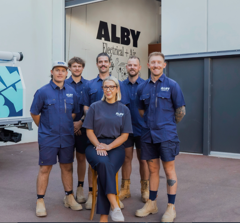 The Alby Electrical and Air team outside their Inglewood workshop